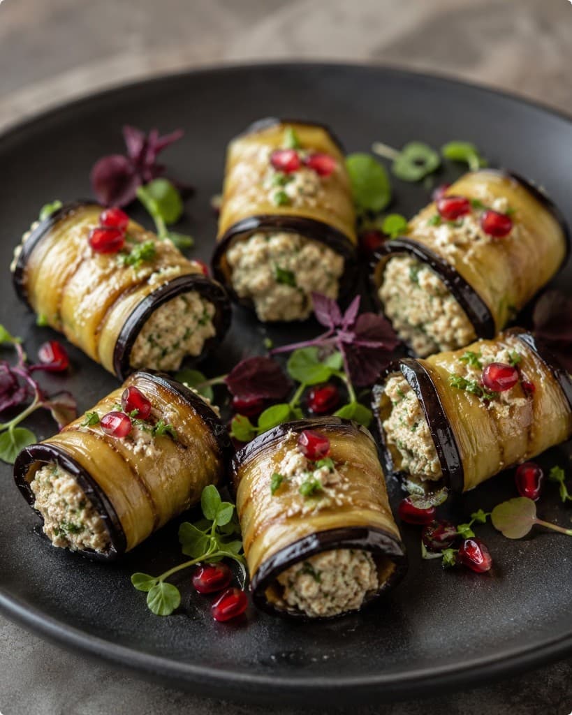 Eggplant rolls with pomegranate and herbs