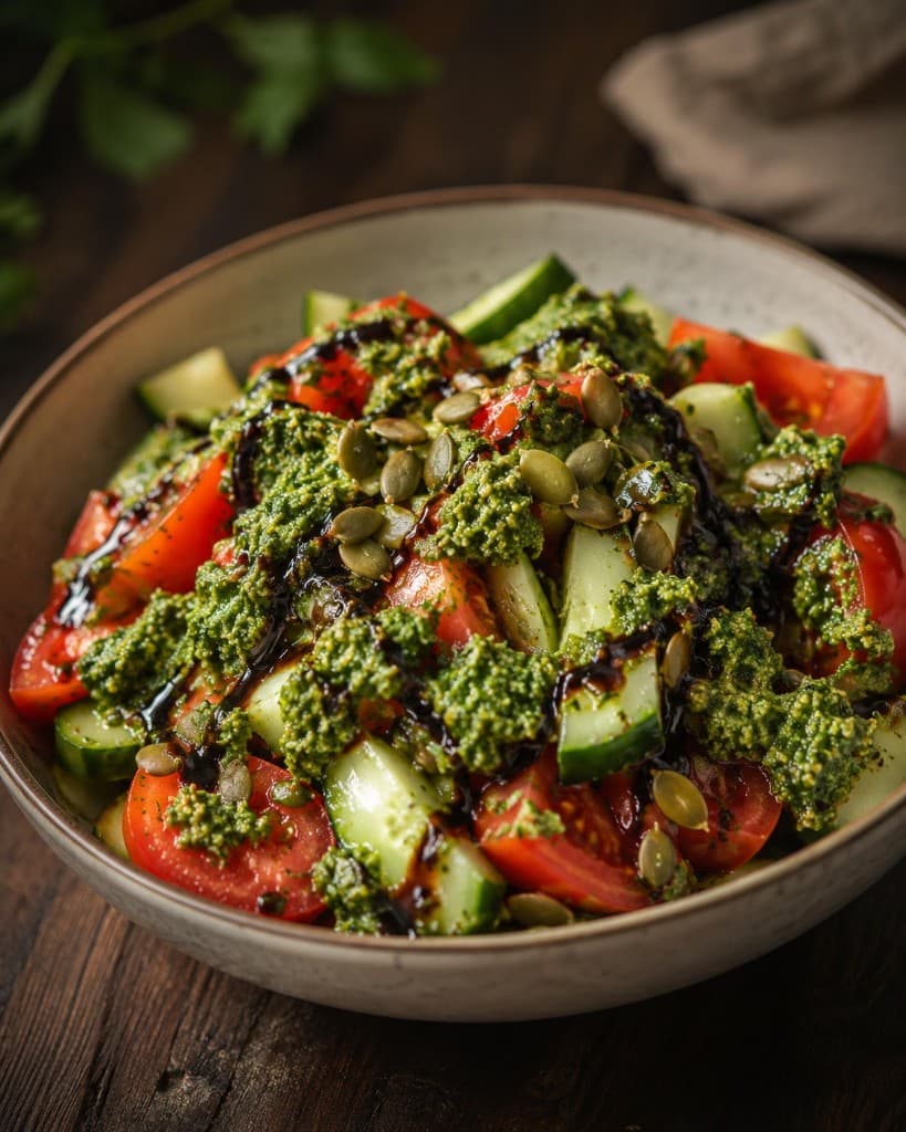 Tomato and cucumber salad with pesto and seeds