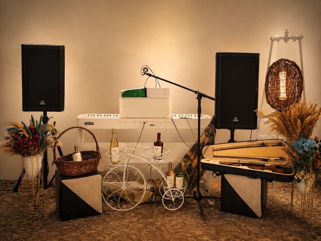 Stage with piano, violin and wine bottles