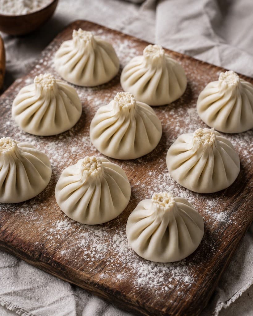Fresh khinkali dumplings on a wooden board
