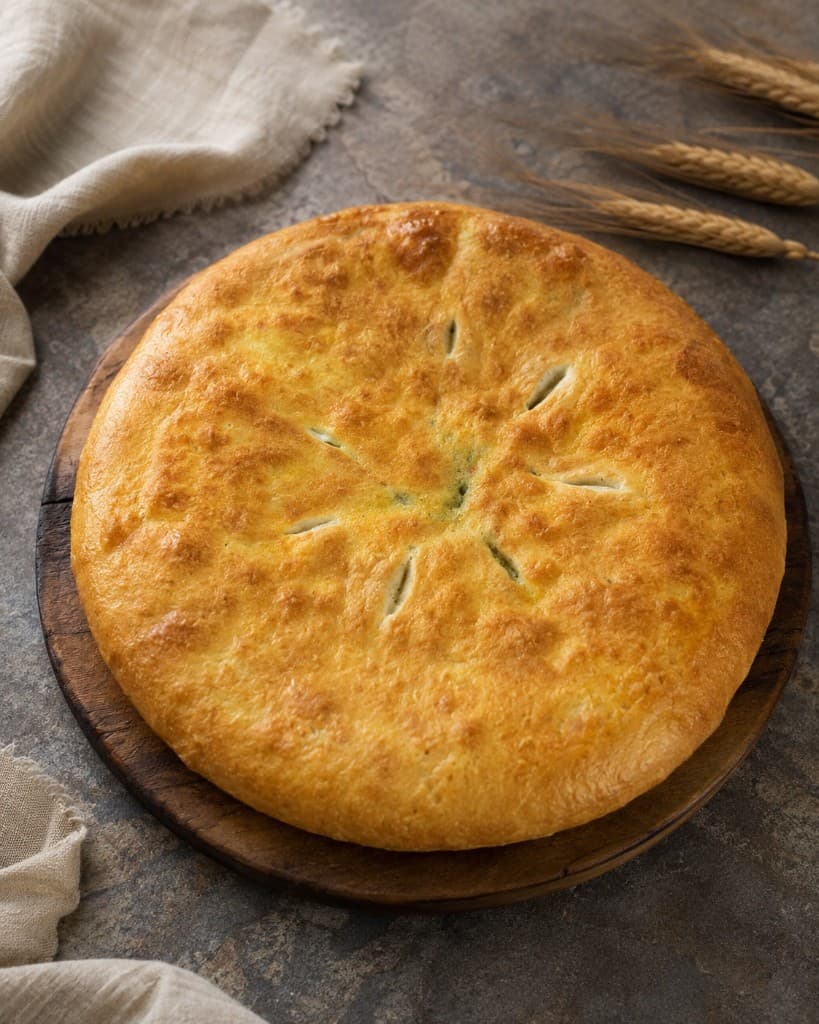 Golden rustic savoury pie fresh from the oven