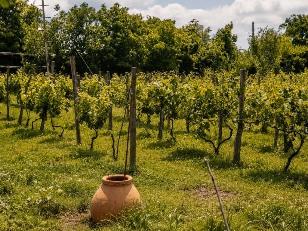Clay vessel in the vineyard under open sky