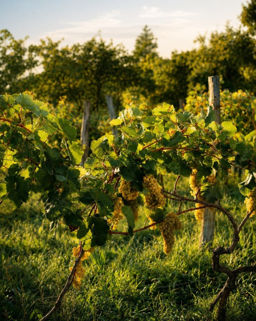 Ripe white grape clusters on the vine in sunlight